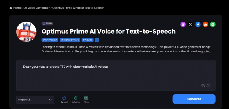 Optimus Prime AI Voice Generator:realistisch stemklonen voor het maken van inhoud (2026) 