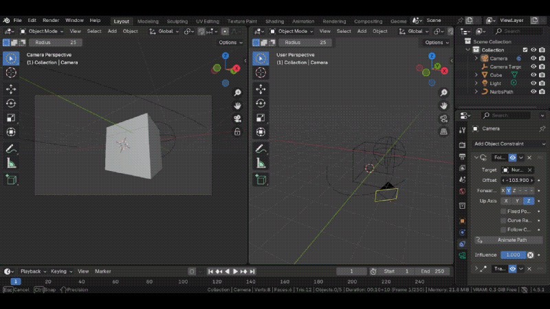 Blender-camera-animatie:vloeiende bewegingen met keyframes en paden | Handleiding 