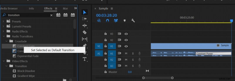 Premiere Pro:audio eenvoudig uitfaden met standaardovergangen 